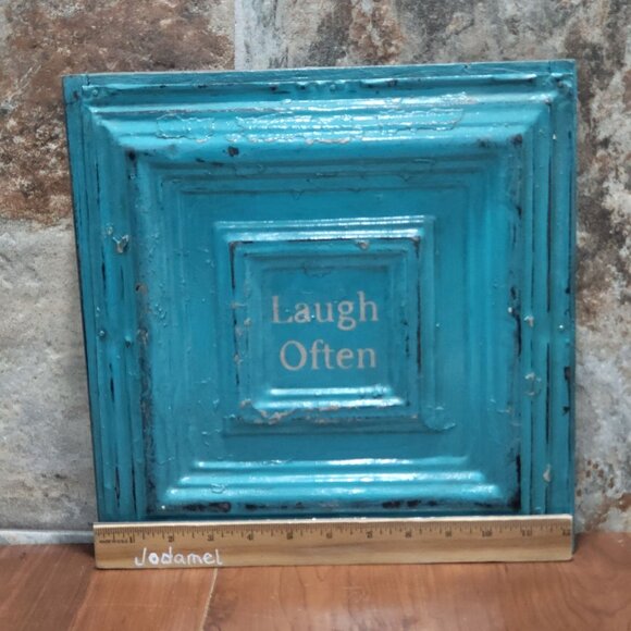 Turquoise Distressed Laugh Often Tin Metal on Wood Frame Hanging Wall Decor - Picture 8 of 11